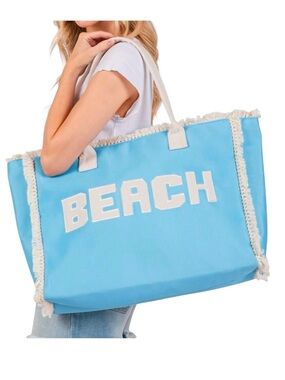 Blue Turquoise & Cream BEACH Embroidered Letter Fringe Trim 17.5" Tote Beach Bag